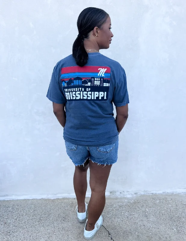 Ole Miss Rebels Striped Skyline SS Tee Welt Pockets Slit Pockets Flap Pockets