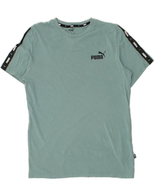 PUMA Womens T-Shirt Top UK 14 Medium Blue Cotton V-Neck T-Shirt Long Sleeve Cotton