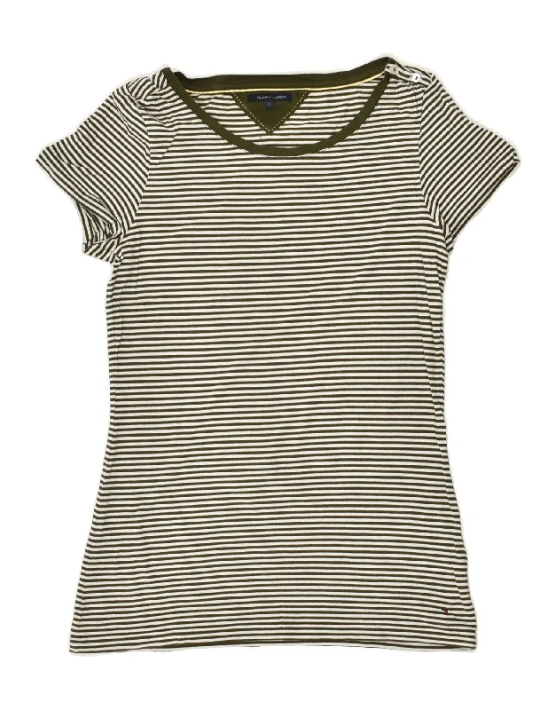 TOMMY HILFIGER Womens T-Shirt Top UK 14 Large Green Striped Cotton Cashmere Blend Cotton Blend Poly Blend TOMMY HILFIGER Womens T-Shirt Top UK 14 Large Green Striped Cotton Cashmere Blend Cotton Blend Poly Blend