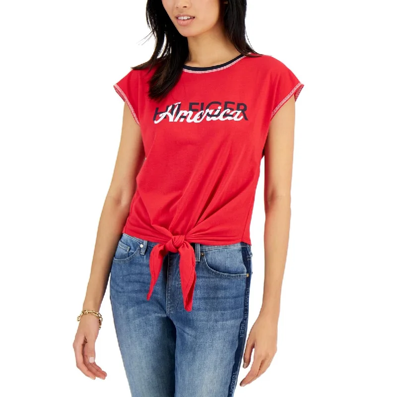 Tommy Hilfiger Womens Tie Front Crewneck T-Shirt Terry Blend Velvet Blend Canvas Blend Tommy Hilfiger Womens Tie Front Crewneck T-Shirt Terry Blend Velvet Blend Canvas Blend