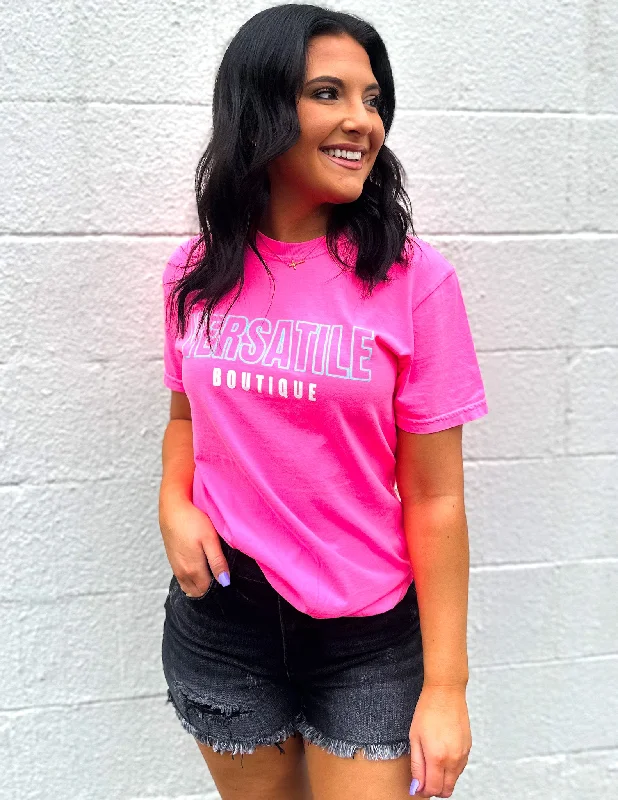 Versatile Boutique Logo SS Tee Neon Pink Houndstooth Herringbone Solid