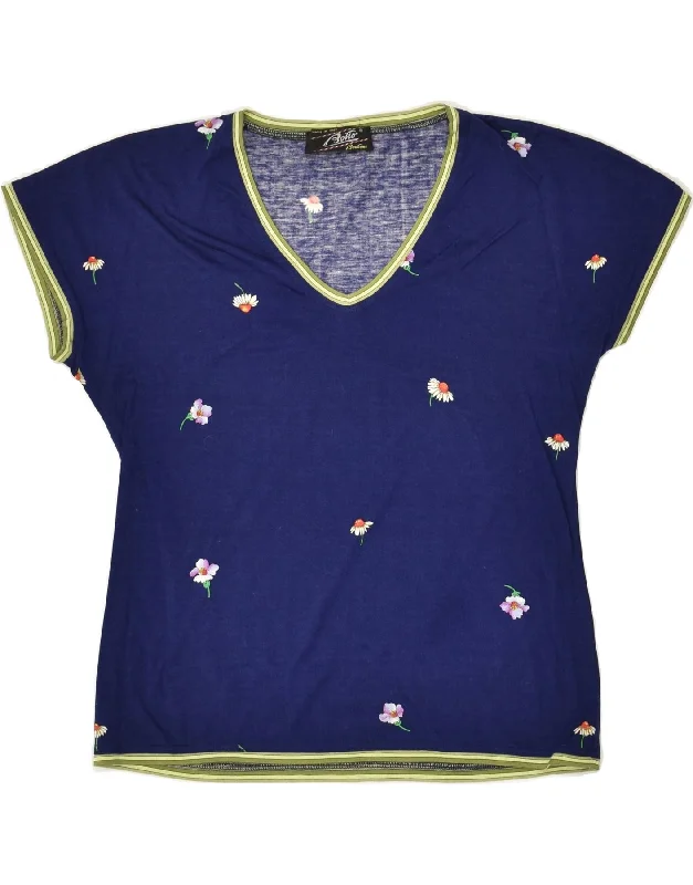 VINTAGE Womens T-Shirt Top UK 14 Large Navy Blue Floral Striped Floral Plaid
