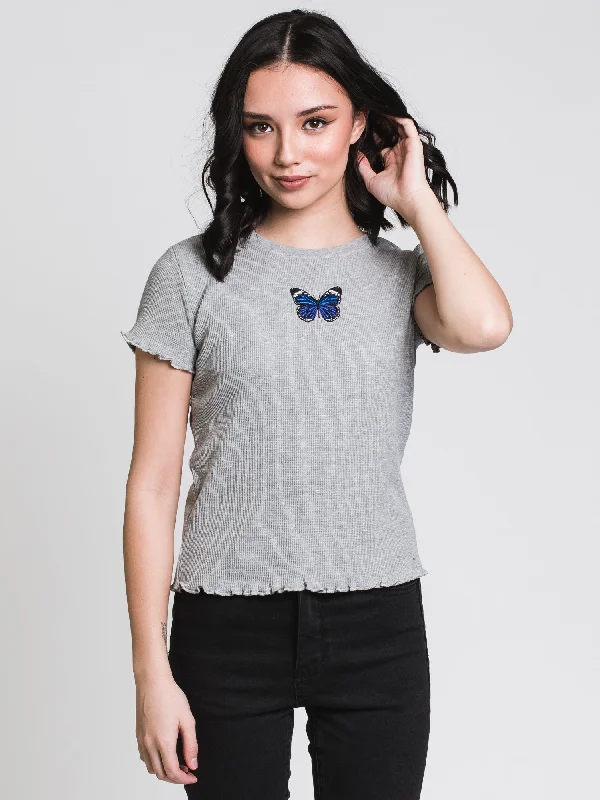 HARLOW WAFFLE EMBROIDERED TEE  - CLEARANCE Hooded Caped Shawl Collar