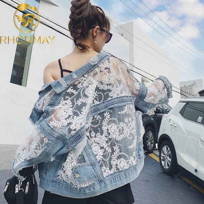 New Summer Long Sleeve Large Size Jeans Jackets Women's Coat Loose Lace Stitching Perspective Top Jacket Ladies Denim Coat Zippered Front Buttoned Front Snap Front New Summer Long Sleeve Large Size Jeans Jackets Women's Coat Loose Lace Stitching Perspective Top Jacket Ladies Denim Coat Zippered Front Buttoned Front Snap Front