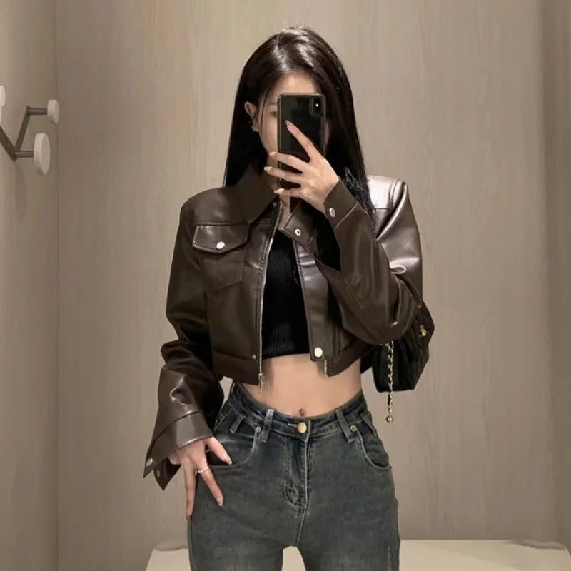 American Retro Sweet Cool Hot Girl Style Coffee Color Leather Coat Motorcycle Jacket Top Welt Pockets Slit Pockets Flap Pockets American Retro Sweet Cool Hot Girl Style Coffee Color Leather Coat Motorcycle Jacket Top Welt Pockets Slit Pockets Flap Pockets