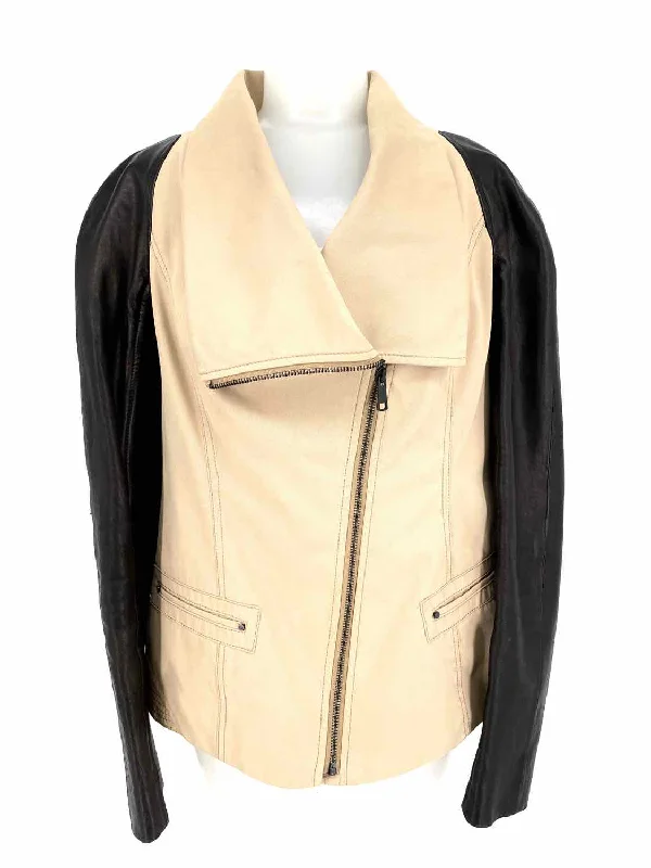 Andrew Marc Women's Beige/Black Asymmetrical Zip Size M Jacket Cotton Jacket Linen Jacket Terry Jacket Andrew Marc Women's Beige/Black Asymmetrical Zip Size M Jacket Cotton Jacket Linen Jacket Terry Jacket