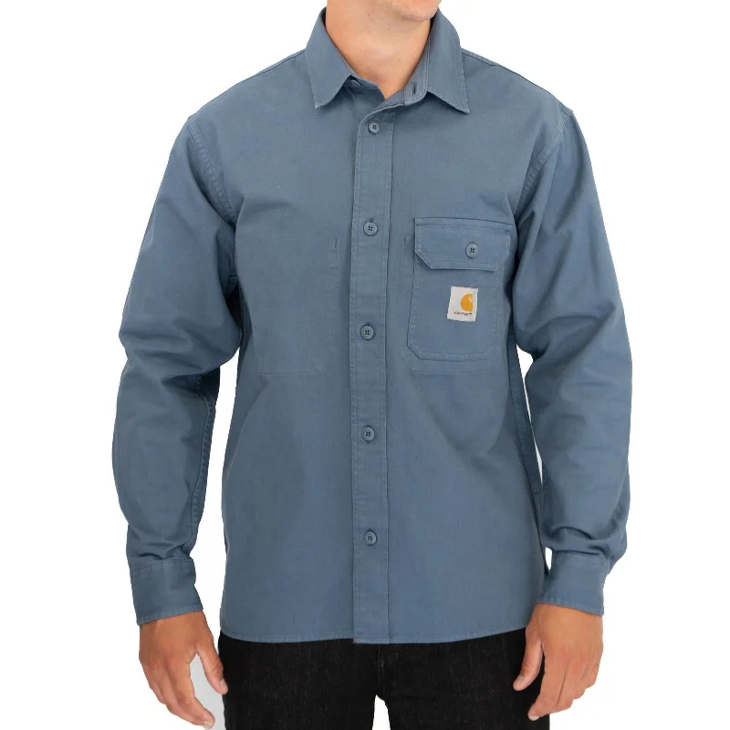 Carhartt WIP Mens Blue Reno Shirt Jacket Long Sleeve Shacket Overshirt Zippered Jacket Buttoned Jacket Snapped Jacket Carhartt WIP Mens Blue Reno Shirt Jacket Long Sleeve Shacket Overshirt Zippered Jacket Buttoned Jacket Snapped Jacket