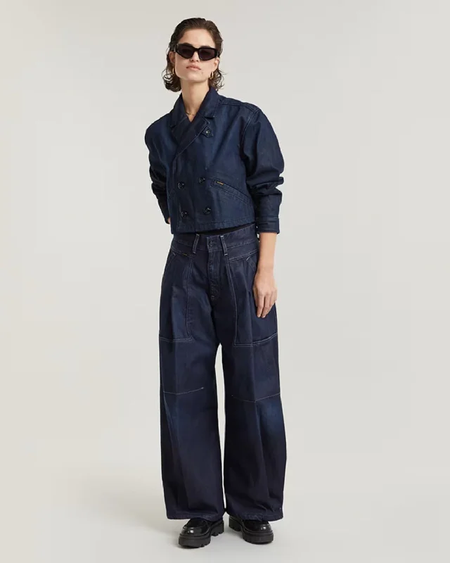 CROPPED PEACOAT DENIM JACKET Boat Neck Shawl Collar Notched Collar
