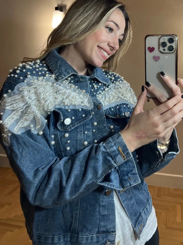 Denim jacket with white lace