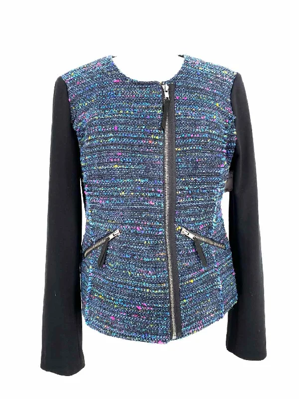 Ella Moss Women's Black/Blue Zip Tweed Size S Jacket Ribbed Jacket Pleated Jacket Ruffled Jacket Ella Moss Women's Black/Blue Zip Tweed Size S Jacket Ribbed Jacket Pleated Jacket Ruffled Jacket