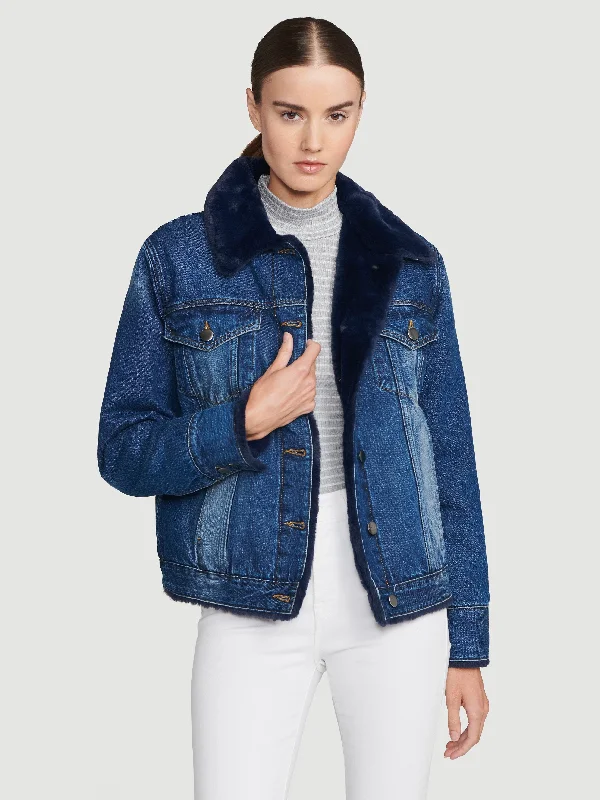 Faux Fur Lined Jacket -- Halldale A-Line Jacket Boat Neck Shawl Collar