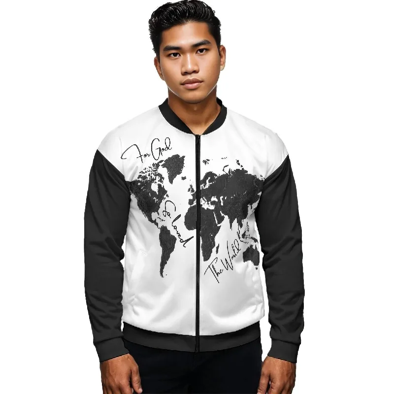 FOR GOD SO LOVED THE WORLD Map Print Unisex Bomber Jacket Notch Collar Jacket Peter Pan Collar Jacket Cowl Neck Jacket FOR GOD SO LOVED THE WORLD Map Print Unisex Bomber Jacket Notch Collar Jacket Peter Pan Collar Jacket Cowl Neck Jacket