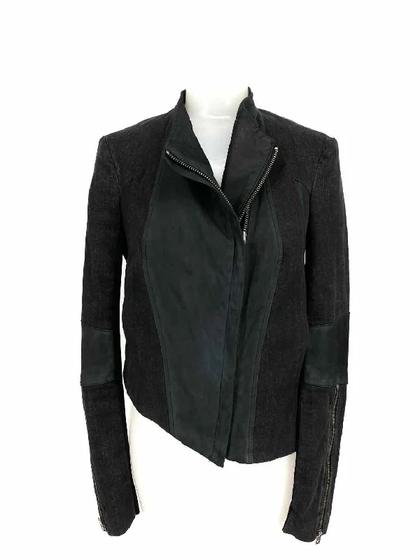 HELMUT LANG Women's Charcoal Cotton Blend Distressed Size S Biker Jacket Zippered Front Buttoned Front Snap Front HELMUT LANG Women's Charcoal Cotton Blend Distressed Size S Biker Jacket Zippered Front Buttoned Front Snap Front