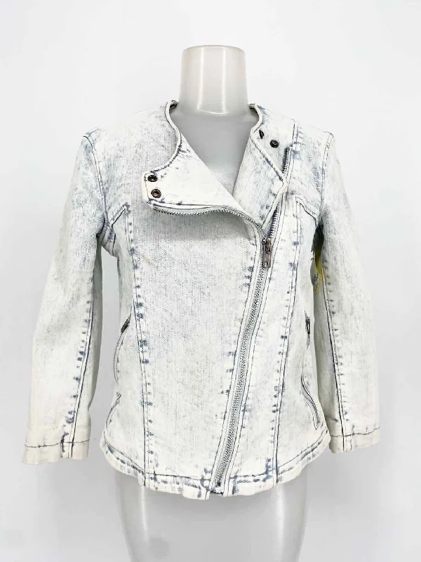 HELMUT LANG Women's Off White/Blue Zip Denim Size P Jacket Zippered Front Buttoned Front Snap Front HELMUT LANG Women's Off White/Blue Zip Denim Size P Jacket Zippered Front Buttoned Front Snap Front