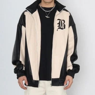 High Street Contrast Patchwork Embroidered Leather Jacket Notch Collar Peter Pan Collar Cowl Neck High Street Contrast Patchwork Embroidered Leather Jacket Notch Collar Peter Pan Collar Cowl Neck