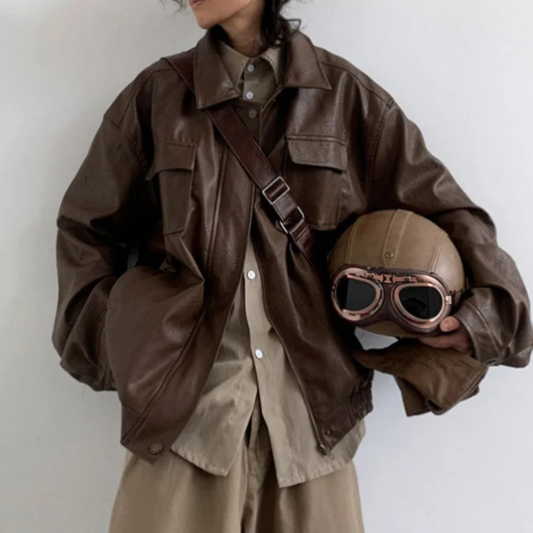 Japanese Vintage PU Motorcycle Leather Jacket Zippered Jacket Buttoned Jacket Snapped Jacket Japanese Vintage PU Motorcycle Leather Jacket Zippered Jacket Buttoned Jacket Snapped Jacket