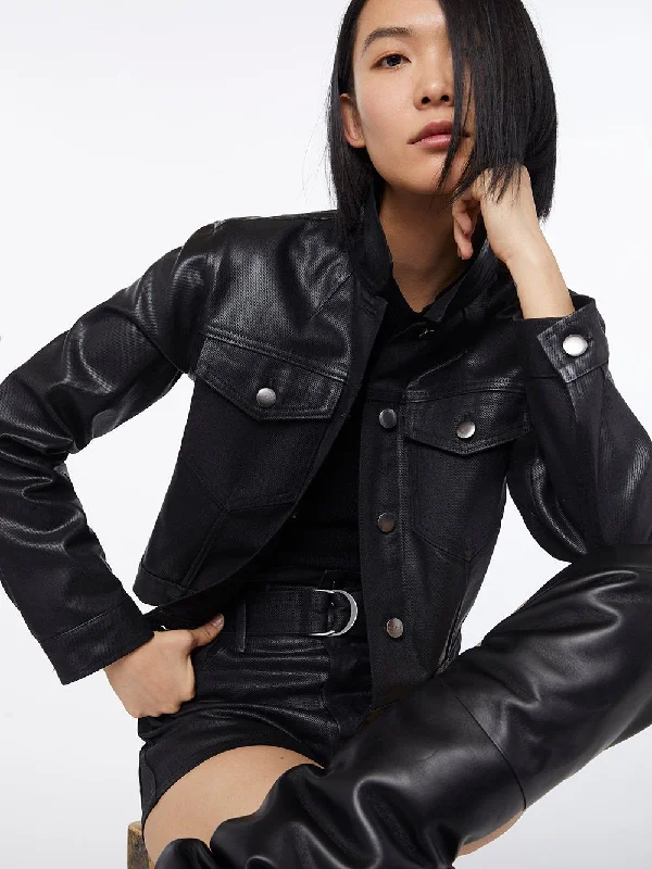 Imaan x FRAME Le Crop Coated Jacket -- Noir Coated Cardigan Sweater Pullover
