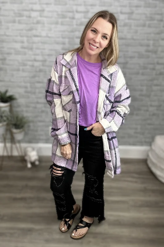 Lilac Purple, Ivory, and Gray Plaid Flannel Shacket - Shirt Jacket