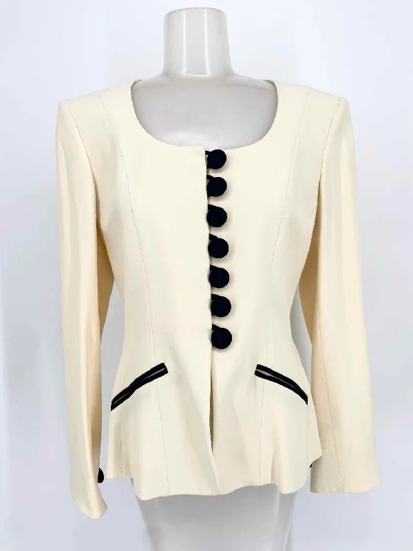 Max Mara Pianoforte Women's Cream/Navy Blazer Buttons Italy Size 10 Jacket Front Pockets Side Pockets Patch Pockets Max Mara Pianoforte Women's Cream/Navy Blazer Buttons Italy Size 10 Jacket Front Pockets Side Pockets Patch Pockets