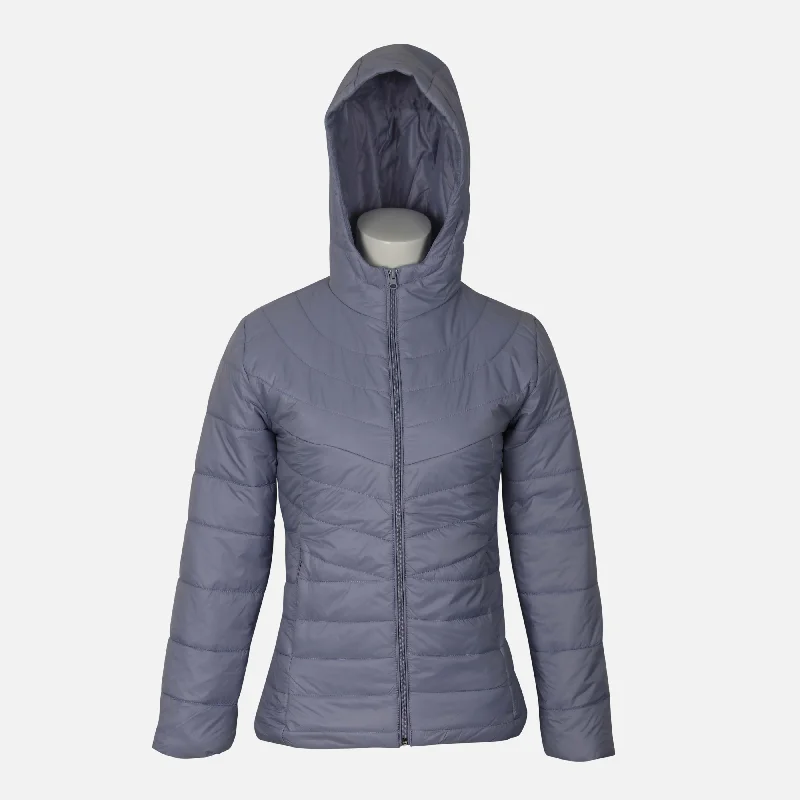 LADIES PUFFER JACKET WITH HOOD Front Pockets Side Pockets Patch Pockets