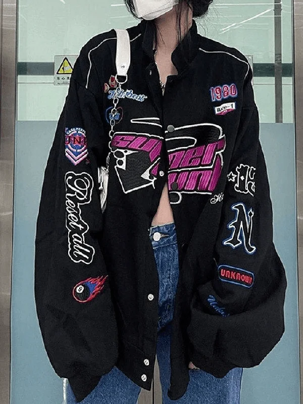 Vintage Embroidered Button-Down Motorcycle Varsity Jacket