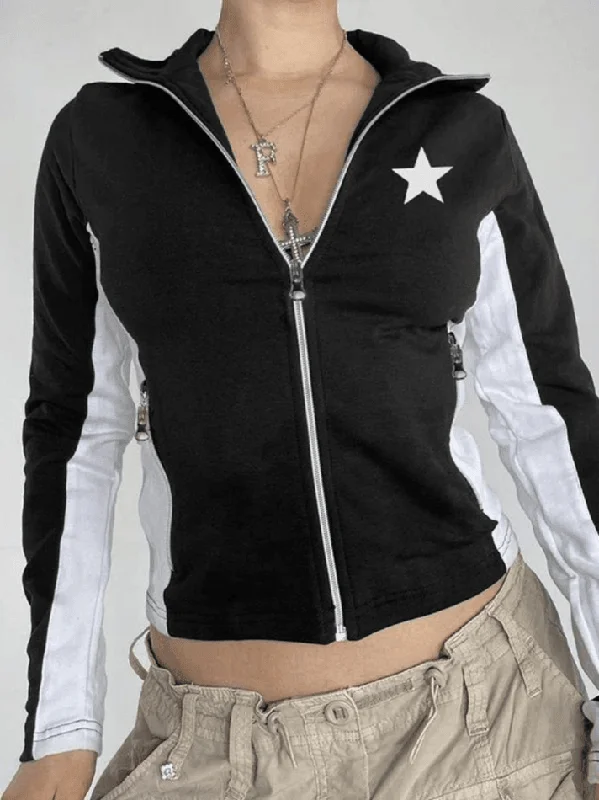 Contrast Star Print Zip-Up Jacket