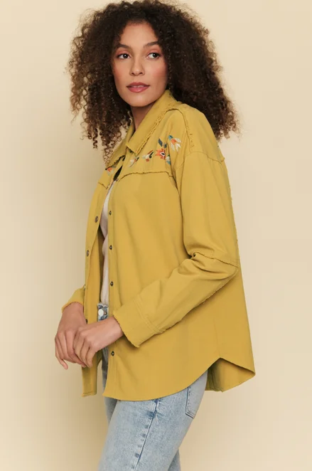 Mystree Women's Embroidery Yoke Shirt Jacket - Mustard Fitted Jacket Loose Jacket Oversized Jacket Mystree Women's Embroidery Yoke Shirt Jacket - Mustard Fitted Jacket Loose Jacket Oversized Jacket