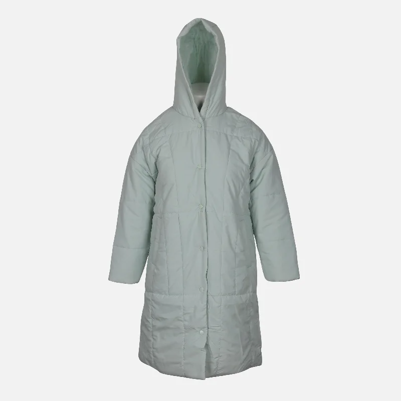 LADIES LONG PUFFER JACKET WITH HOOD Welt Pockets Slit Pockets Flap Pockets