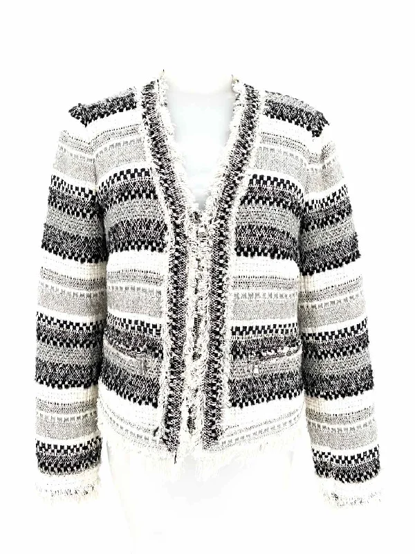Rebecca Taylor Women's Black/Gray Zip Tweed Cotton Blend Geometric Size 4 Jacket Faux Fur Jacket Real Fur Jacket Shearling Jacket