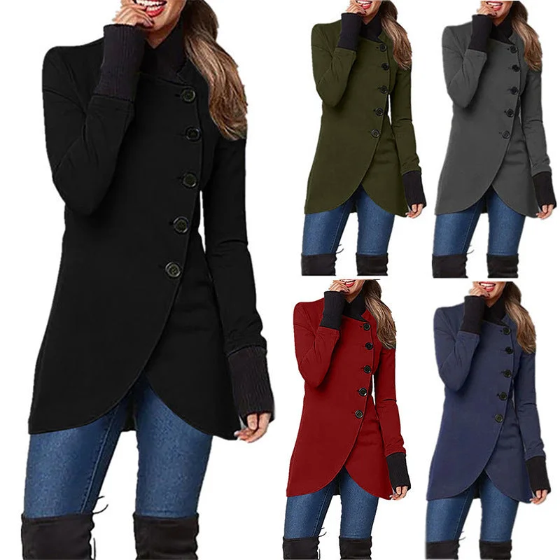 Single-breasted Panelled Hem Slit Long-sleeved Jacket A-Line Jacket Boat Neck Shawl Collar Single-breasted Panelled Hem Slit Long-sleeved Jacket A-Line Jacket Boat Neck Shawl Collar