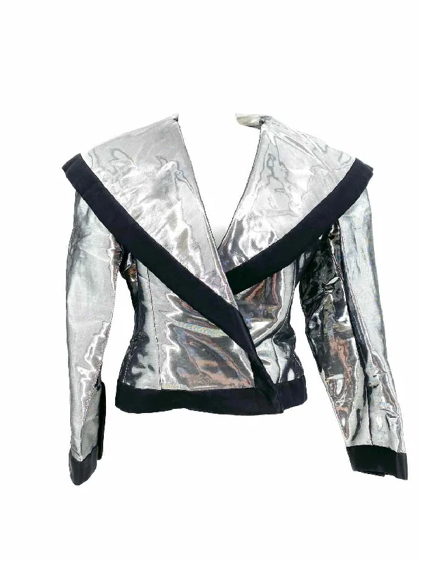 Bisang Couture Women's Silver Collared Holographic Size 6 Jacket Boat Neck Shawl Collar Notched Collar Bisang Couture Women's Silver Collared Holographic Size 6 Jacket Boat Neck Shawl Collar Notched Collar