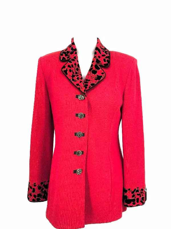 ST. JOHN Women's Red Collared Spotted Size 2 Jacket Tiered Jacket Buttoned Jacket Zippered Jacket ST. JOHN Women's Red Collared Spotted Size 2 Jacket Tiered Jacket Buttoned Jacket Zippered Jacket