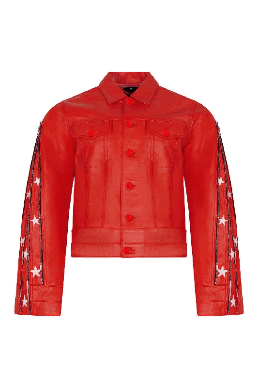 SUNSET RODEO LEATHER JACKET-RED Front Pockets Side Pockets Patch Pockets