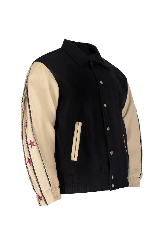 SUNSET RODEO LEATHER VARSITY JACKET-BLACK/CREAM Faux Fur Fabric Real Fur Fabric Shearling Fabric SUNSET RODEO LEATHER VARSITY JACKET-BLACK/CREAM Faux Fur Fabric Real Fur Fabric Shearling Fabric