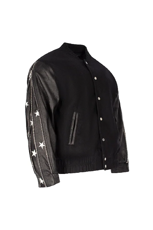 SUNSET RODEO LEATHER VARSITY JACKET-BLACK/BLACK Nylon Fabric Polyester Fabric Spandex Fabric SUNSET RODEO LEATHER VARSITY JACKET-BLACK/BLACK Nylon Fabric Polyester Fabric Spandex Fabric