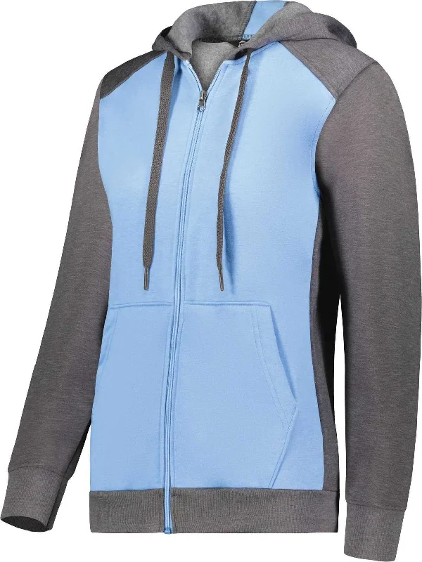 Augusta 6901 Ladies Three-Season Fleece Full Zip Hoodie - Columbia Blue Carbon Heather Hoodie with Hem Raw Edge Edgy Unfinished