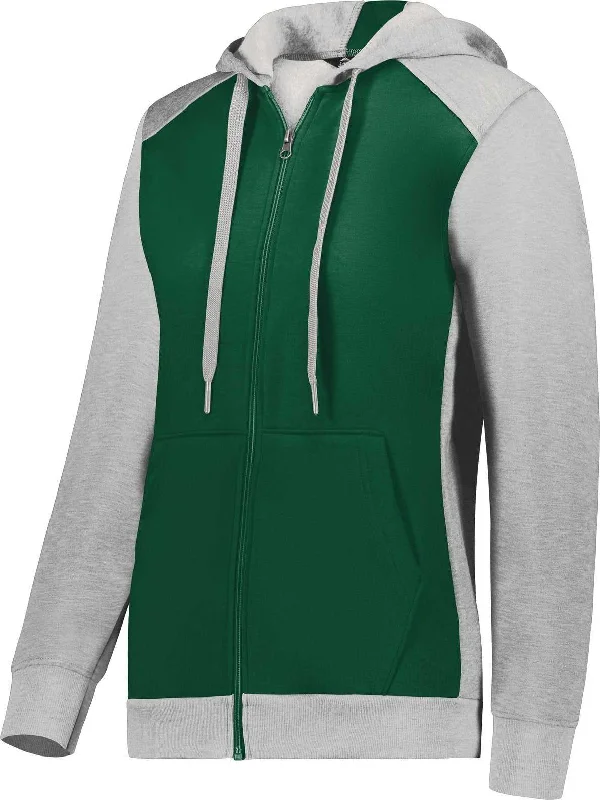 Augusta 6901 Ladies Three-Season Fleece Full Zip Hoodie - Dark Green Gray Heather Hoodie with Hem Frayed Vintage Worn Augusta 6901 Ladies Three-Season Fleece Full Zip Hoodie - Dark Green Gray Heather Hoodie with Hem Frayed Vintage Worn