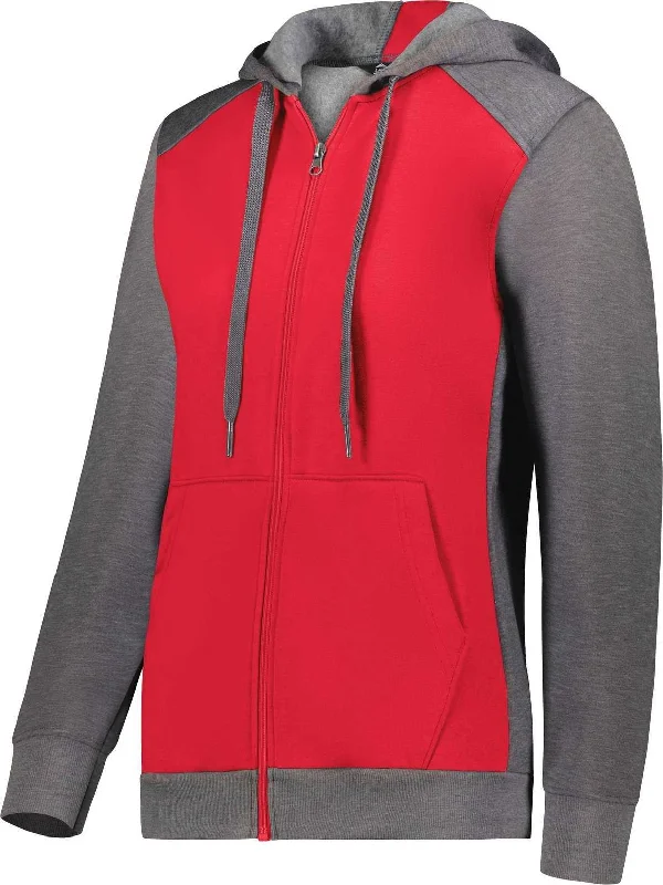 Augusta 6901 Ladies Three-Season Fleece Full Zip Hoodie - Scarlet Carbon Heather Hoodie with Ribbed Cuffs Snug Fit Comfort Augusta 6901 Ladies Three-Season Fleece Full Zip Hoodie - Scarlet Carbon Heather Hoodie with Ribbed Cuffs Snug Fit Comfort