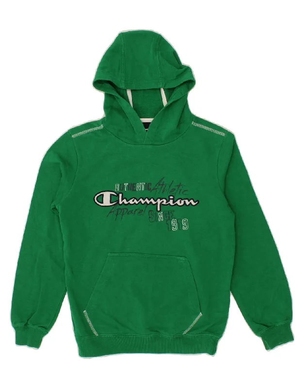 CHAMPION Boys Graphic Hoodie Jumper 9-10 Years Medium Green Cotton Hoodie with Slit Hem Functional Movement CHAMPION Boys Graphic Hoodie Jumper 9-10 Years Medium Green Cotton Hoodie with Slit Hem Functional Movement