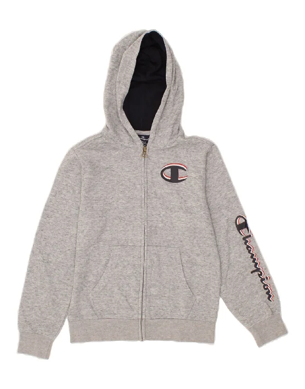 CHAMPION Boys Graphic Zip Hoodie Sweater 7-8 Years Small Grey Flecked Hoodie Sweatshirt Pullover