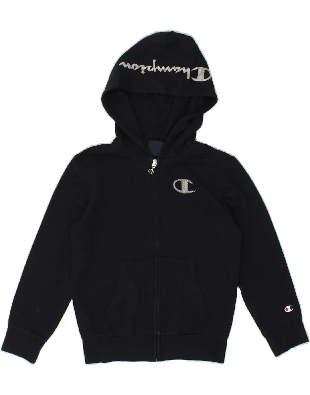 CHAMPION Boys Graphic Zip Hoodie Sweater 7-8 Years Small Navy Blue