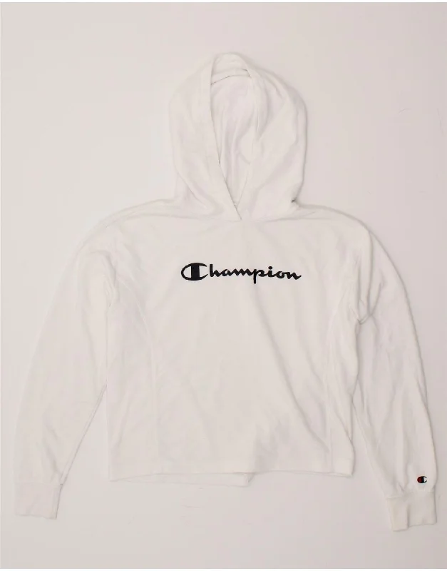 CHAMPION Girls Graphic Crop Hoodie Jumper 15-16 Years 2XL White Cotton Hoodie with Thumb Holes Functional Cozy CHAMPION Girls Graphic Crop Hoodie Jumper 15-16 Years 2XL White Cotton Hoodie with Thumb Holes Functional Cozy