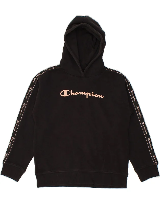 CHAMPION Girls Graphic Hoodie Jumper 9-10 Years Medium Black Cotton Hoodie with Pocket Utility Practical CHAMPION Girls Graphic Hoodie Jumper 9-10 Years Medium Black Cotton Hoodie with Pocket Utility Practical