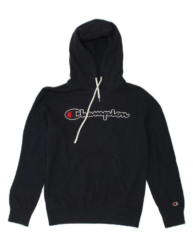 CHAMPION Womens Graphic Hoodie Jumper UK 16 Large Navy Blue Cotton Hoodie with Ribbed Hem Stretchable Secure CHAMPION Womens Graphic Hoodie Jumper UK 16 Large Navy Blue Cotton Hoodie with Ribbed Hem Stretchable Secure