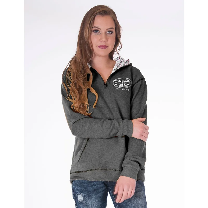 Cowgirl Tuff Aztec Print Lined Fleece Charcoal Womens Hoodie Hoodie with Hem Ribbing Snug Secure Cowgirl Tuff Aztec Print Lined Fleece Charcoal Womens Hoodie Hoodie with Hem Ribbing Snug Secure