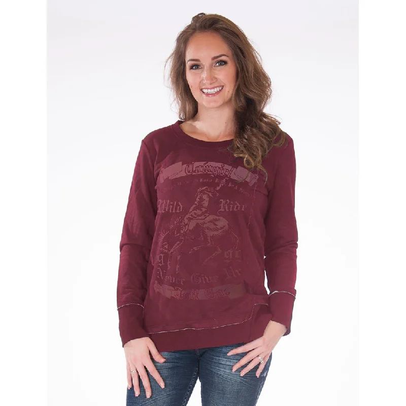 Cowgirl Tuff Bronc Rider Print Terry Suede Womens Sweatshirt Hoodie with Hem Raw Edge Edgy Unfinished Cowgirl Tuff Bronc Rider Print Terry Suede Womens Sweatshirt Hoodie with Hem Raw Edge Edgy Unfinished