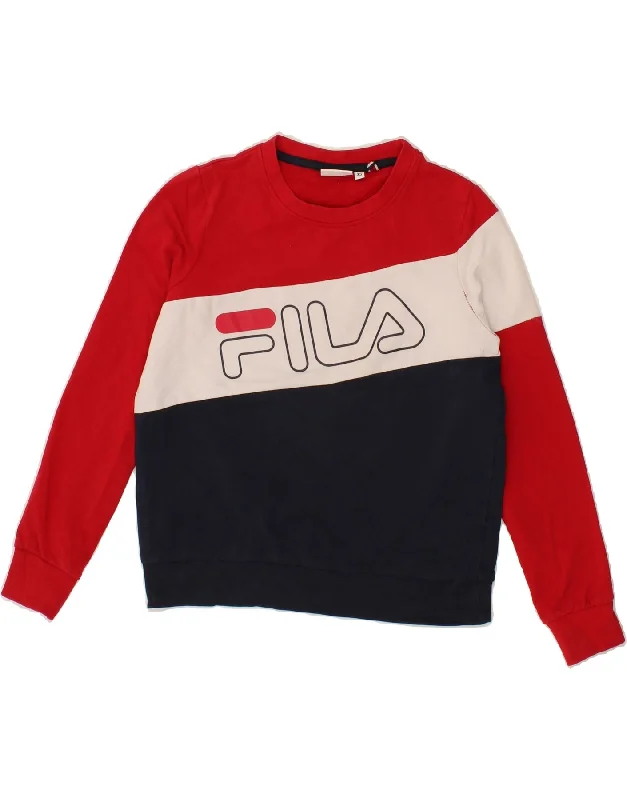 FILA Womens Crop Graphic Sweatshirt Jumper UK 6 XS Red Colourblock Cotton Hoodie with Front Slit Layering Stylish FILA Womens Crop Graphic Sweatshirt Jumper UK 6 XS Red Colourblock Cotton Hoodie with Front Slit Layering Stylish