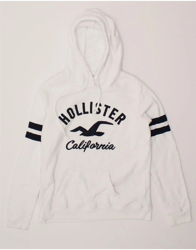 HOLLISTER Womens Graphic Hoodie Jumper UK 14 Medium White Cotton Hoodie with Belted Waist Structured Tailored HOLLISTER Womens Graphic Hoodie Jumper UK 14 Medium White Cotton Hoodie with Belted Waist Structured Tailored