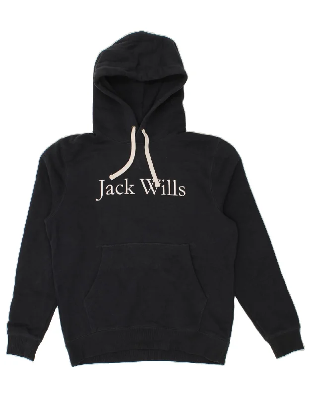 JACK WILLS Mens Graphic Hoodie Jumper Medium Navy Blue Cotton Hoodie with Velcro Closure Adjustable Secure