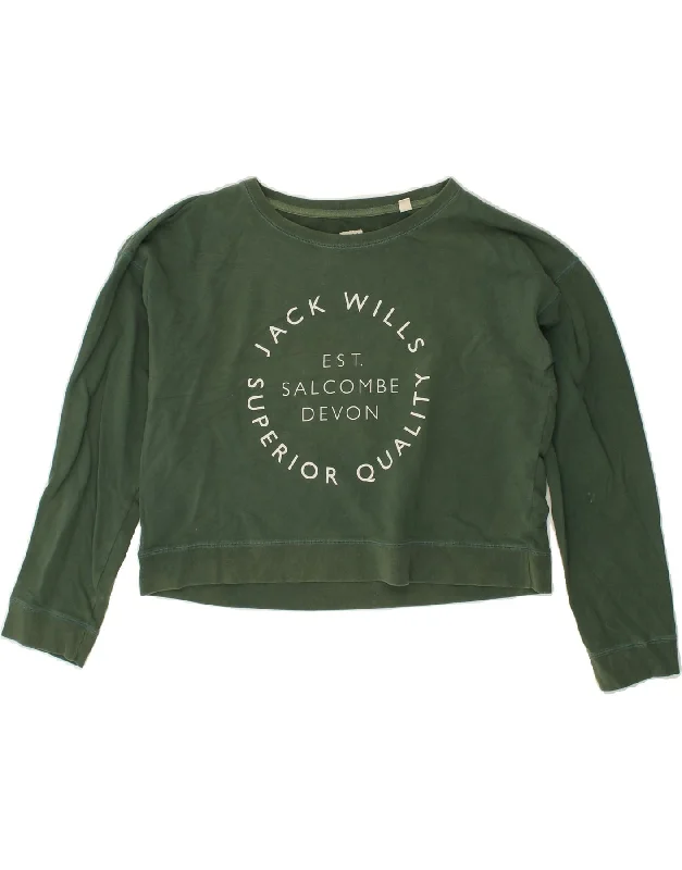 JACK WILLS Womens Graphic Crop Sweatshirt Jumper UK 14 Large  Green Cotton